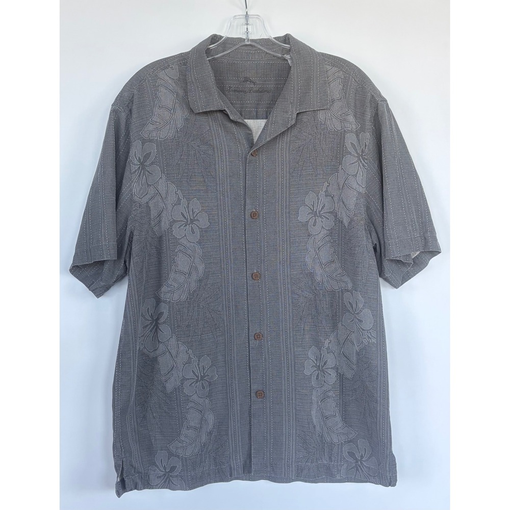 Tommy Bahama Mens Large Gray 100% Silk Tropical Floral Jacquard Camp Shirt L